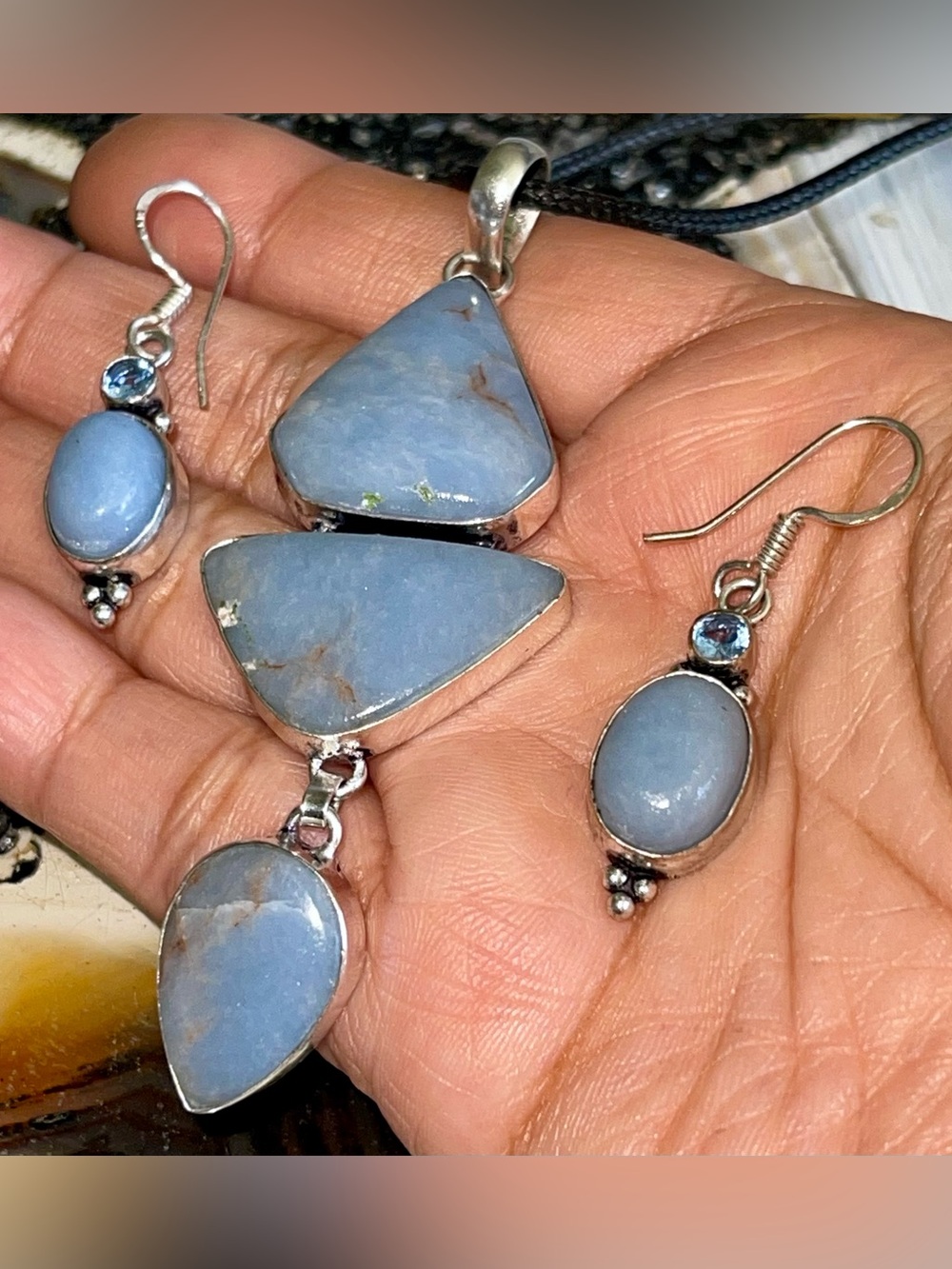 Blue Anhydrite Angelite Pendant & Earrings
